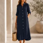 Robe chemise longue femme en lin bleu marine Happy Look vue de face