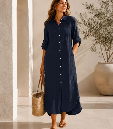 Robe chemise longue femme en lin bleu marine Happy Look vue de face