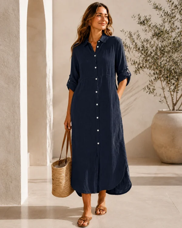 Robe chemise longue femme en lin bleu marine Happy Look vue de face