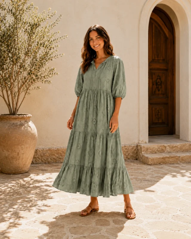 Femme portant une robe longue en broderie anglaise vert sauge dans une cour méditerranéenne ensoleillée
